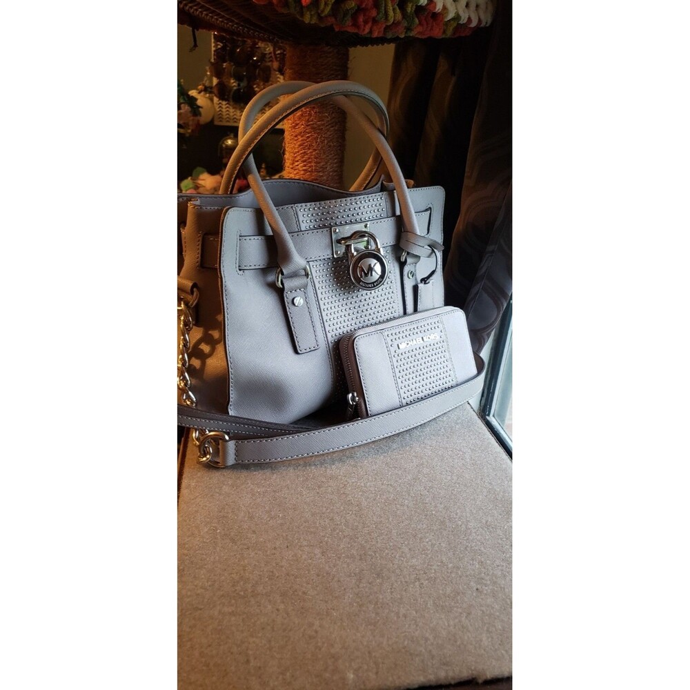 Michael Kors Gray Hamilton Center Studded Shoulder Purse And Wallet